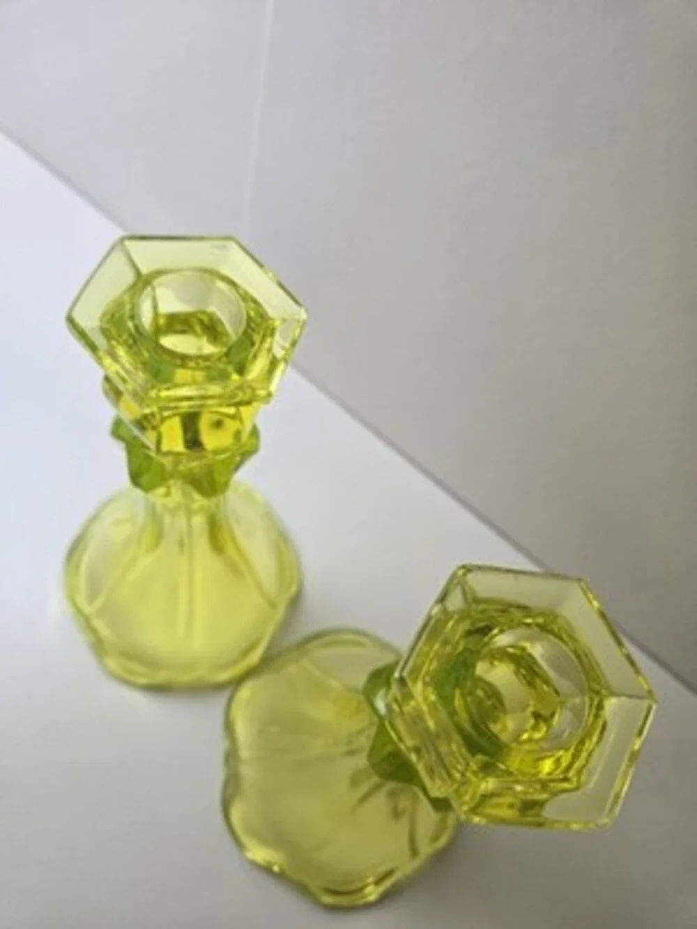 Vaseline Uranium Glass Candlestick Pair 